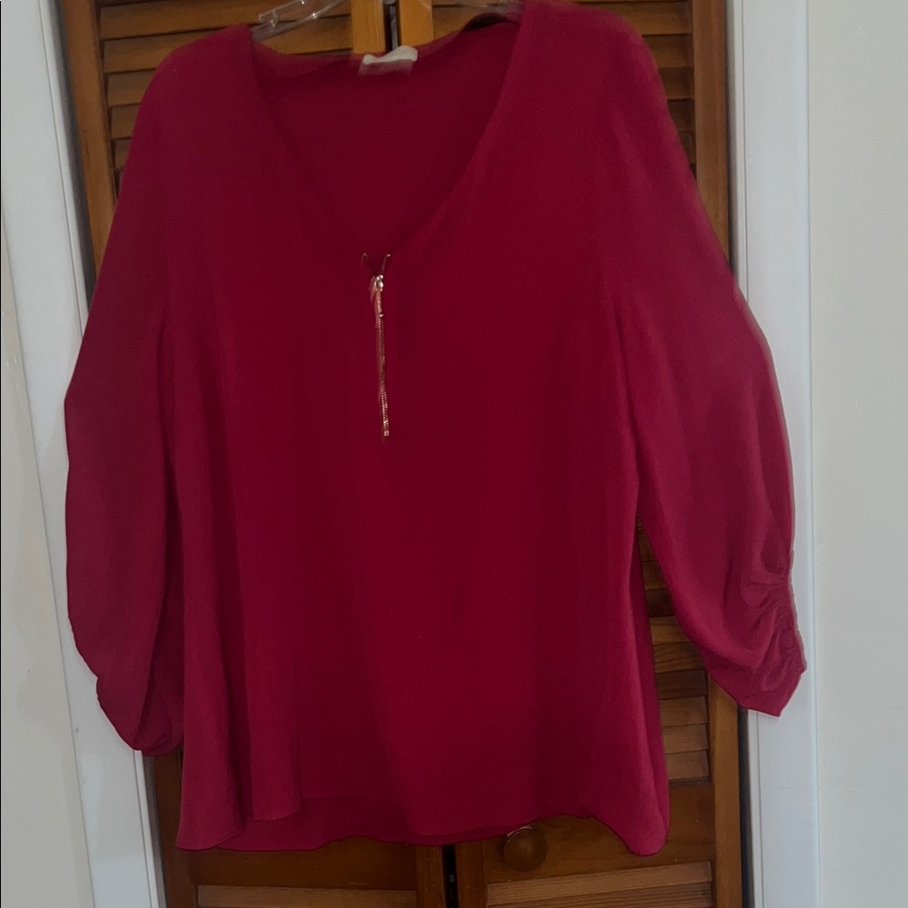 loralette Deep Pink V-Neck Blouse with Gold Zip